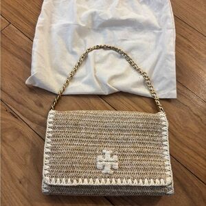 Tory Burch Beige and White Woven Shoulder Bag